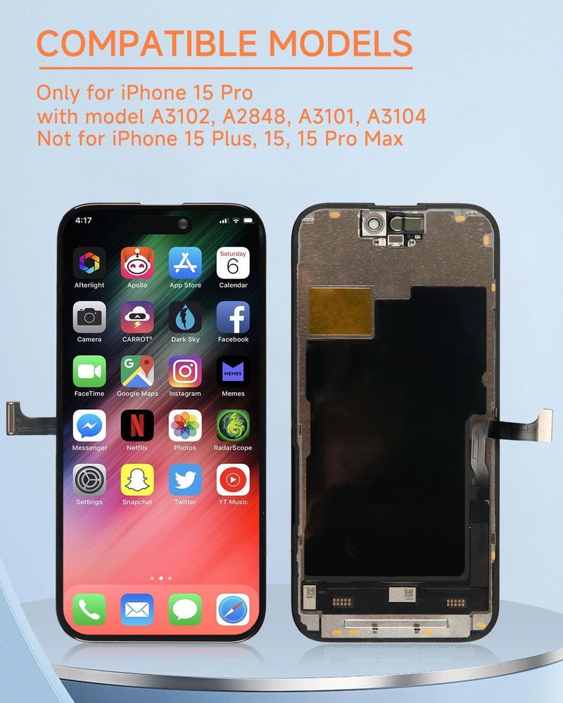 Yodoit for iPhone 15 Pro Screen Replacement Kit Full Assembly 6.1 inch,3D Touch LCD Display for A3102,A2848,A3101,A3104 Digitizer Screen and Repair Tools Kit. - Image 2