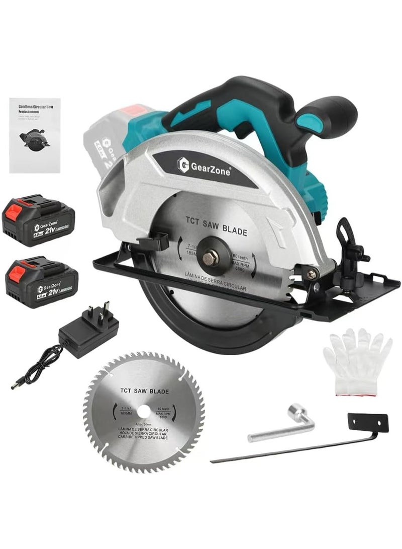 GearZone منشار دائري لاسلكي 7-1/4" مع بطاريتين 21 فولت، منشار دائري كهربائي 4500 دورة في الدقيقة مع شفرة، قطع بزاوية 0-45°، عمق أقصى 2-1/4" للخشب - Image 1