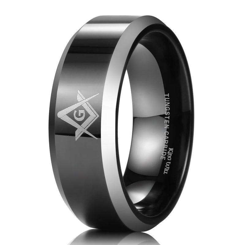 King Will CLASSIC 8mm Black Men's Tungsten Carbide Ring Polished Masonic Compass Square Free Mason 8.5 - Image 1