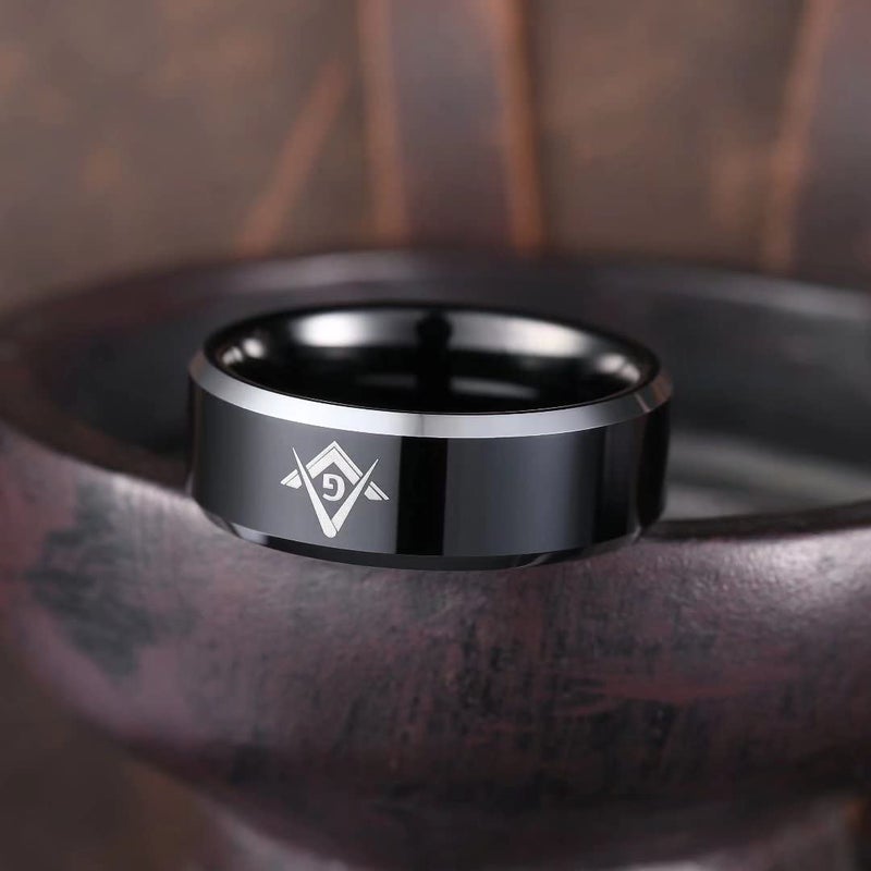 King Will CLASSIC 8mm Black Men's Tungsten Carbide Ring Polished Masonic Compass Square Free Mason 8.5 - Image 3