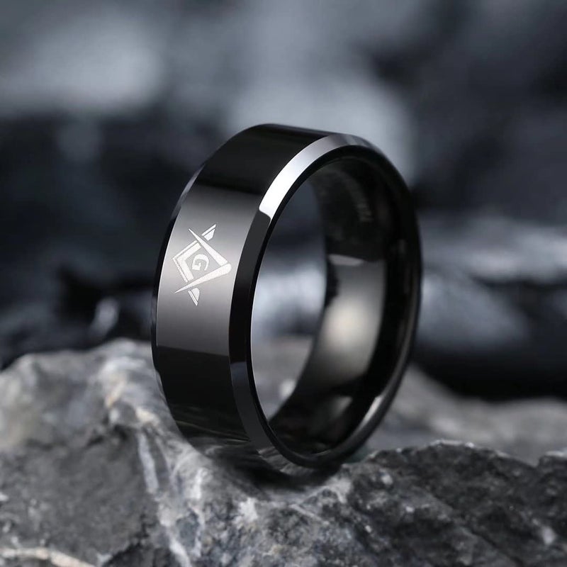 King Will CLASSIC 8mm Black Men's Tungsten Carbide Ring Polished Masonic Compass Square Free Mason 8.5 - Image 2