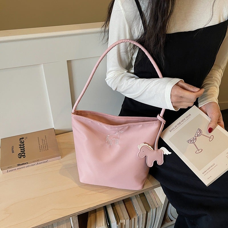 Embroidered Pony Nylon Bucket Shoulder Bag for Women - Image 3