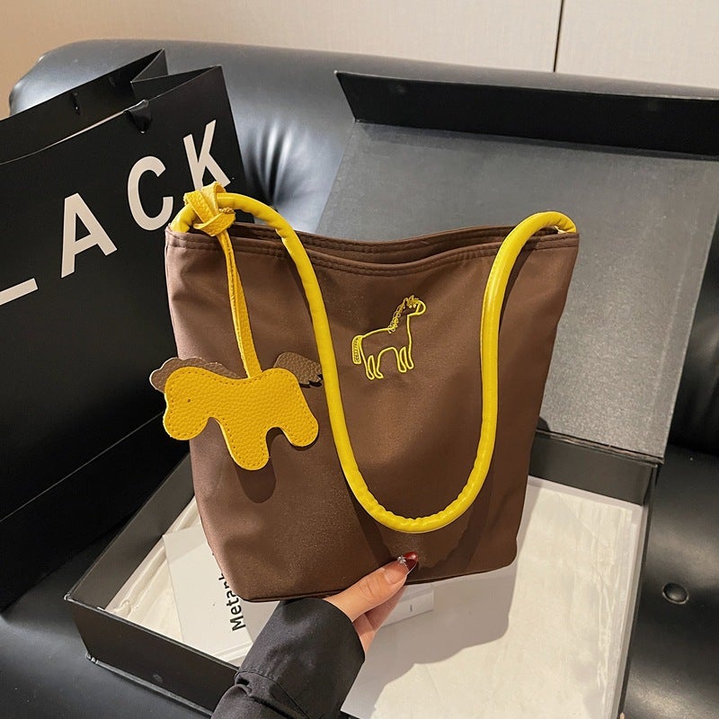 Embroidered Pony Nylon Bucket Shoulder Bag for Women - Image 2