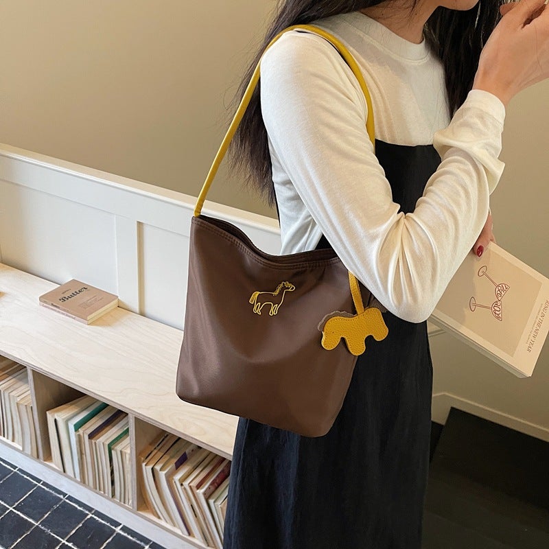 Embroidered Pony Nylon Bucket Shoulder Bag for Women - Image 5