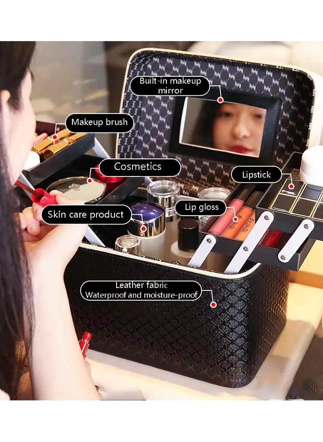 DUNISO Multifunction Travel Cosmetic Bag With Mirror Portable Makeup Case 4 Foldable Makeup Tray, Black Dividers Cosmetics Organizer, Suitable For Cosmetics Makeup Brushes Toiletry (27.5*18*27cm)  - Image 2