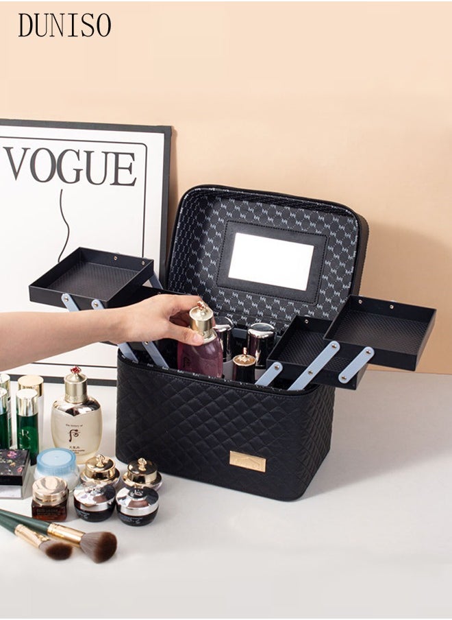 DUNISO Multifunction Travel Cosmetic Bag With Mirror Portable Makeup Case 4 Foldable Makeup Tray, Black Dividers Cosmetics Organizer, Suitable For Cosmetics Makeup Brushes Toiletry (27.5*18*27cm)  - Image 1