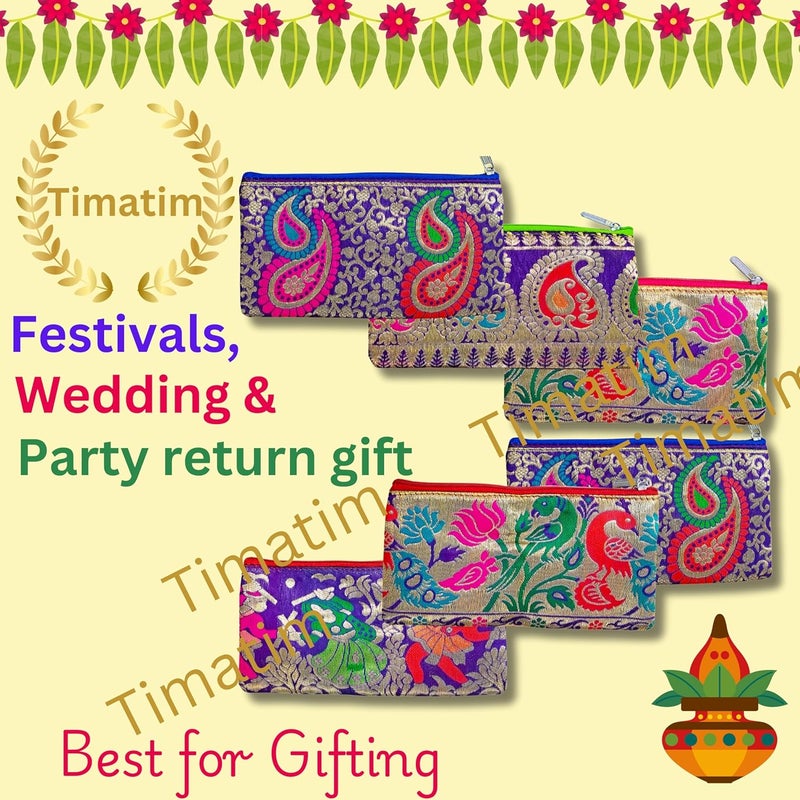 Timatim Return Gift for Women Purse Double Pockets with Zipper Wallet for Ladies Festival, Wedding, Baby Shower Shagun Haldi, Mehandi, Wedding Gift Paithani Silk Pouch, Multicolor (Pack of 12) - Image 4