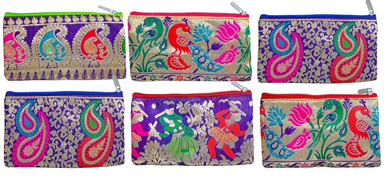 Timatim Return Gift for Women Purse Double Pockets with Zipper Wallet for Ladies Festival, Wedding, Baby Shower Shagun Haldi, Mehandi, Wedding Gift Paithani Silk Pouch, Multicolor (Pack of 12) - Image 1