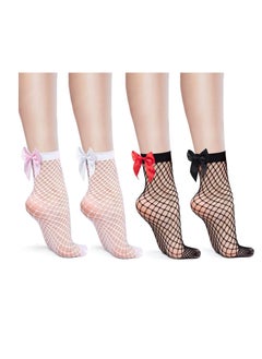 Womens Ankle Fishnet Socks with Bowknot, Mesh Lace Socks, Women Summer Casual Thin Nylon (4 Pairs)