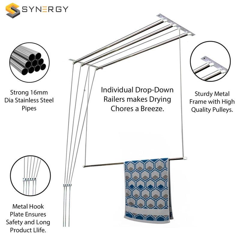 Synergy - 4 Pipes x 5 Feet - Heavy Duty - Stainless Steel Ceiling Cloth Dryer for Balcony | Cloth Drying Rope with Pulley | Cloth Hanging Stand | Clothes Drying Stand Wall Mounted - (SY-CL2-4P) - Image 4