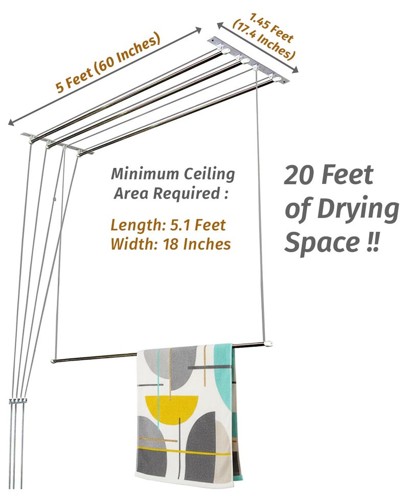 Synergy - 4 Pipes x 5 Feet - Heavy Duty - Stainless Steel Ceiling Cloth Dryer for Balcony | Cloth Drying Rope with Pulley | Cloth Hanging Stand | Clothes Drying Stand Wall Mounted - (SY-CL2-4P) - Image 2