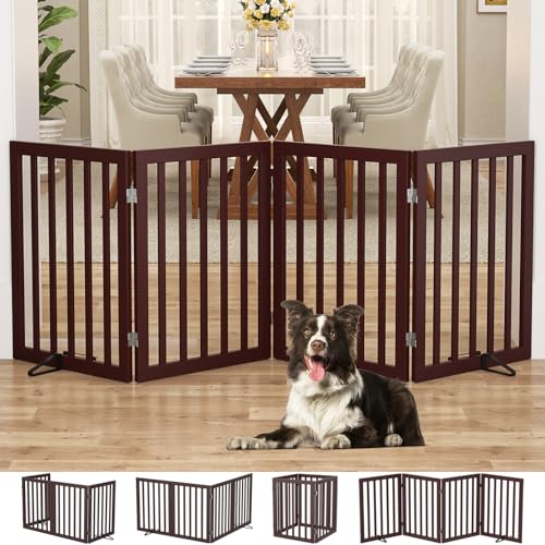 Homykic Bamboo Freestanding Dog Gate, No Assembly Pet Gate Indoor, 24”H x 75”W Extra Wide Foldable Puppy Fence with Support Feet for the House, Doorways Stairs, 4 Panels, No Drilling, Espresso - Image 1