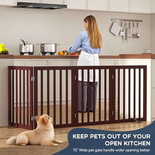 Homykic Bamboo Freestanding Dog Gate, No Assembly Pet Gate Indoor, 24”H x 75”W Extra Wide Foldable Puppy Fence with Support Feet for the House, Doorways Stairs, 4 Panels, No Drilling, Espresso - Image 4