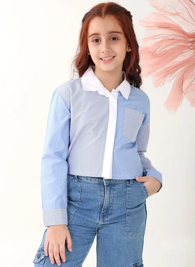 Bonkids BONKIDS Girls Blue Striped Cotton Shirt with Collar