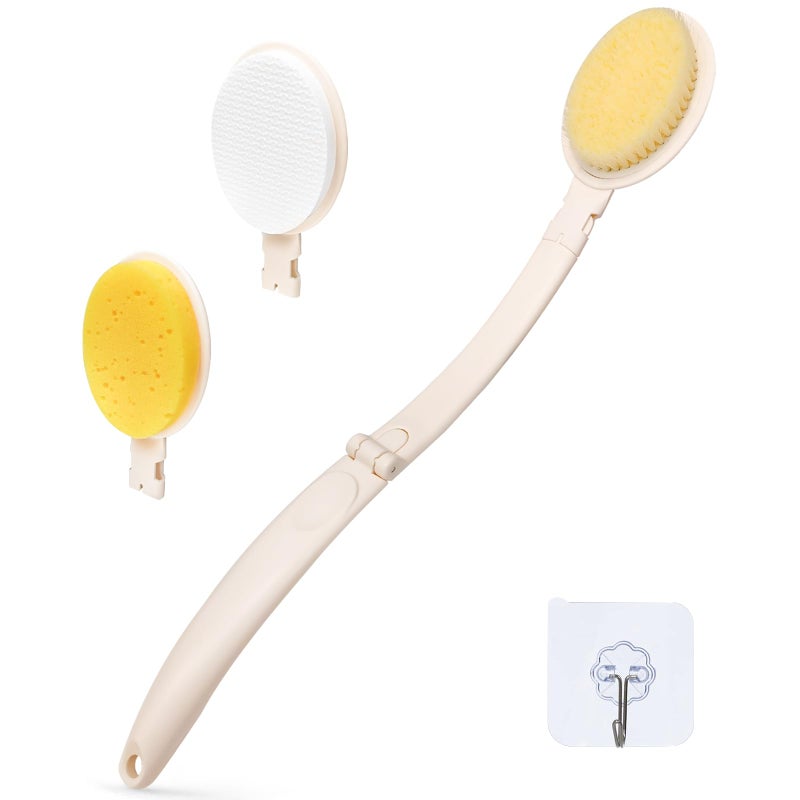 LFJ 19 Long Handle Shower Sponge Brush Set 3 in 1 Body Brush Bath Sponge and Lotion Applicator Improved Skin Health Suitable for Men and Women White Brush1P