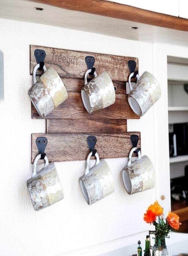 Treegift Wooden Wall Mounted Cup Organizer Coffee Mug Holder with 6 Hooks for Kitchen Display Storage and Collection.Size- 12" x 8" inch (Rectangular Shape) - Image 1