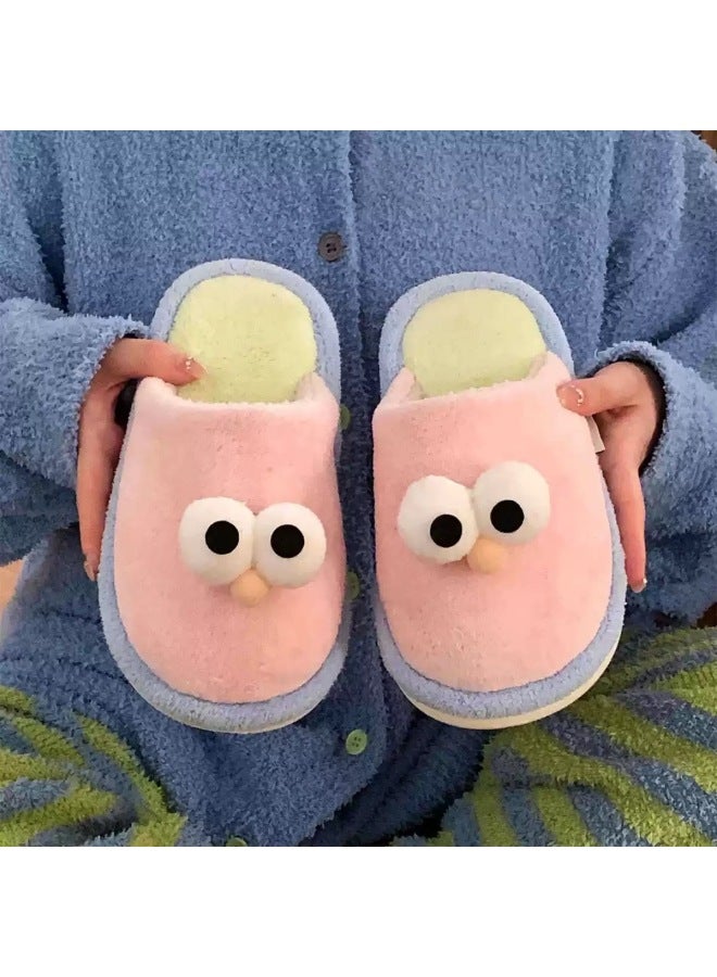 Cute Big Eyes Contrasting Color Furry Shoes For Women Winter Outer Wear Non-slip Plush Warm Indoor Home Baotou Cotton Slippers