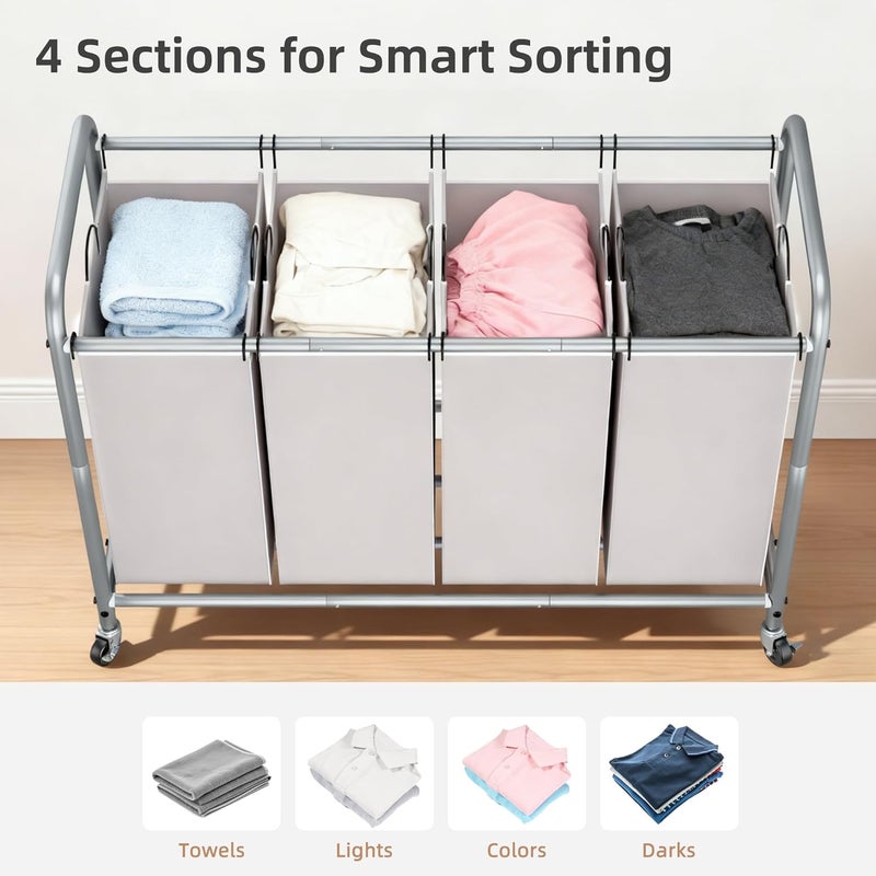 STORAGE MANIAC 4 Section Laundry Sorter With Wheels, Basket Separator, Divider With 4 Removable Bags, Gray - Image 2