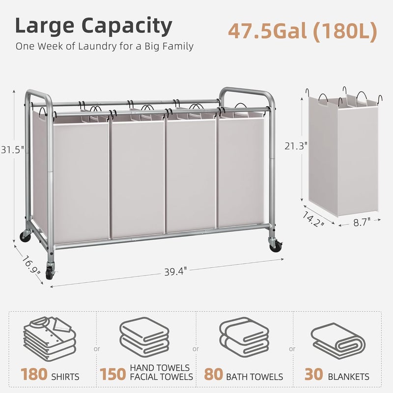 STORAGE MANIAC 4 Section Laundry Sorter With Wheels, Basket Separator, Divider With 4 Removable Bags, Gray - Image 5