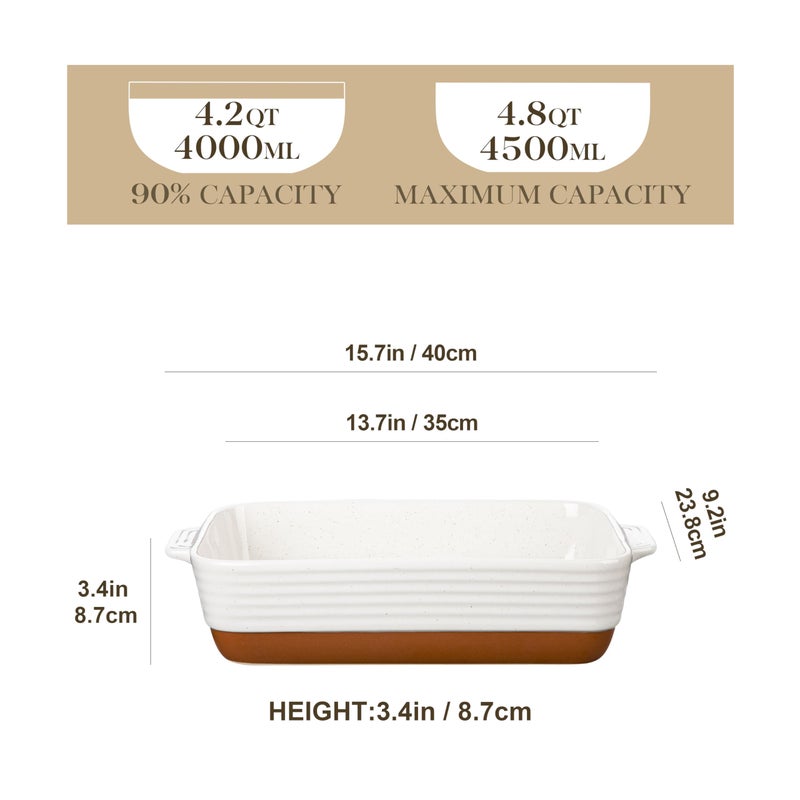 MALACASA Baking Dish 4.8 Qt Ceramic Casserole & Lasagna Pan, 9x13 Inch Deep Rectangular Oven Safe Dish with Handles for Baking, Roasting, Serving (Khaki & White) - Series Tara - Image 2