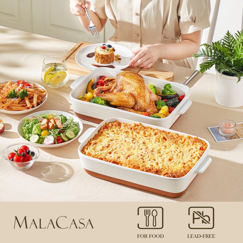 MALACASA Baking Dish 4.8 Qt Ceramic Casserole & Lasagna Pan, 9x13 Inch Deep Rectangular Oven Safe Dish with Handles for Baking, Roasting, Serving (Khaki & White) - Series Tara - Image 3