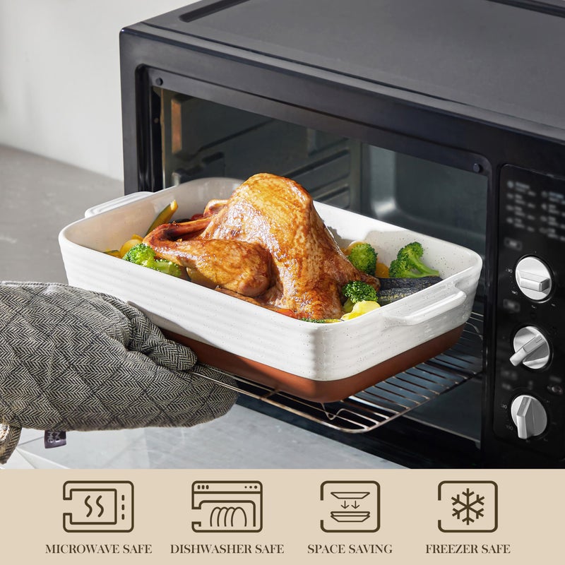 MALACASA Baking Dish 4.8 Qt Ceramic Casserole & Lasagna Pan, 9x13 Inch Deep Rectangular Oven Safe Dish with Handles for Baking, Roasting, Serving (Khaki & White) - Series Tara - Image 4