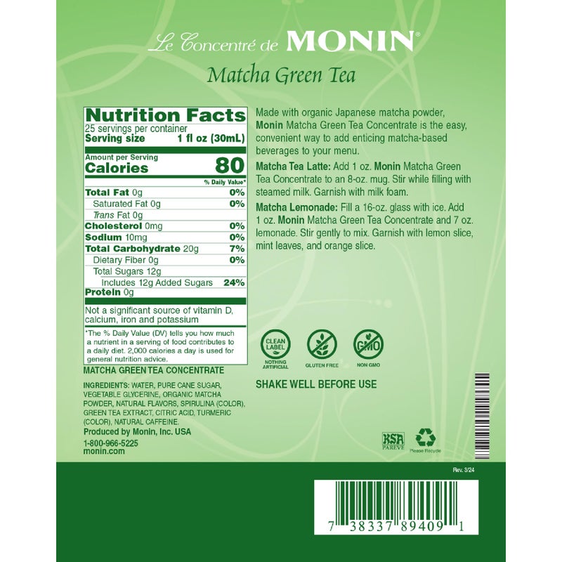 Monin موني - مركز شاي ماتشا الأخضر، ماتشا يابانية عضوية، 40 ملغ كافيين، رائع للاتيه، الليمونادة والحلويات، غير معدلة وراثيًا، خالية من الغلوتين (زجاج، 750 مل) - Image 2