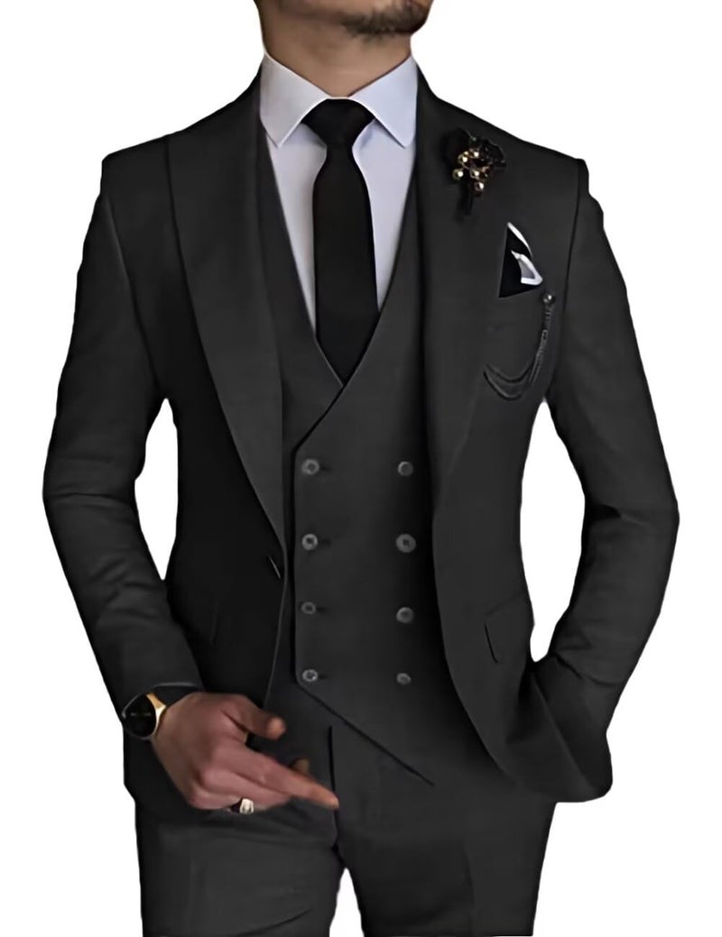 Wangyue 3 Piece Suit Slim Fit Double Breasted Mens Suits for Wedding Party Formal Prom One Button Blazer Vest Pants Sets Tailored Suits Large Tuxedo Business Black - Image 1