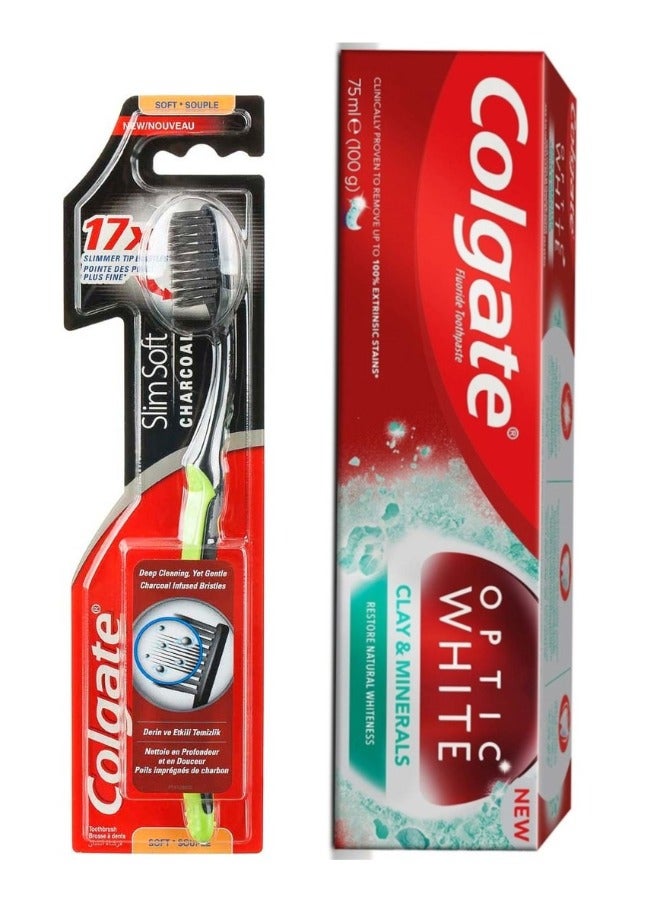 Colgate Optic White Clay And Mineral Toothpaste 75ml Plus Colgate Slim Soft Charcoal Toothbrush  Multicolour