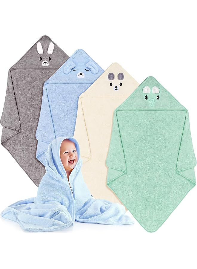 Excefore Baby Bath Towel 4 Pcs 31.5 X 31.5 Inch Coral Fleece Baby Hooded Towel Absorbent Soft Baby Towels For Newborn Cartoon Animal Hooded Bath Blanket For Newborns And Infants - Image 1