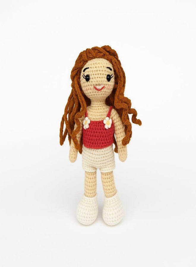 سوترا دمية كروشيه يدوية الصنع من سوترا، ترتدي بلوزة حمراء مزهرة وتنورة بيضاء | دمية أميغورومي صوفية ناعمة | هدية يدوية الصنع للأطفال، وديكور لغرفة الأطفال والمنزل - Image 1