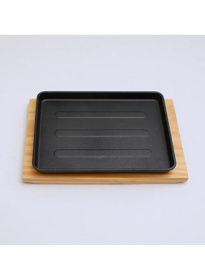 Rectangular Cast Iron Skillet 20cm*14cm with Wooden Base | Roasting, Cooking & Grilling Pan Cast Iron Oven Safe Black - Image 2
