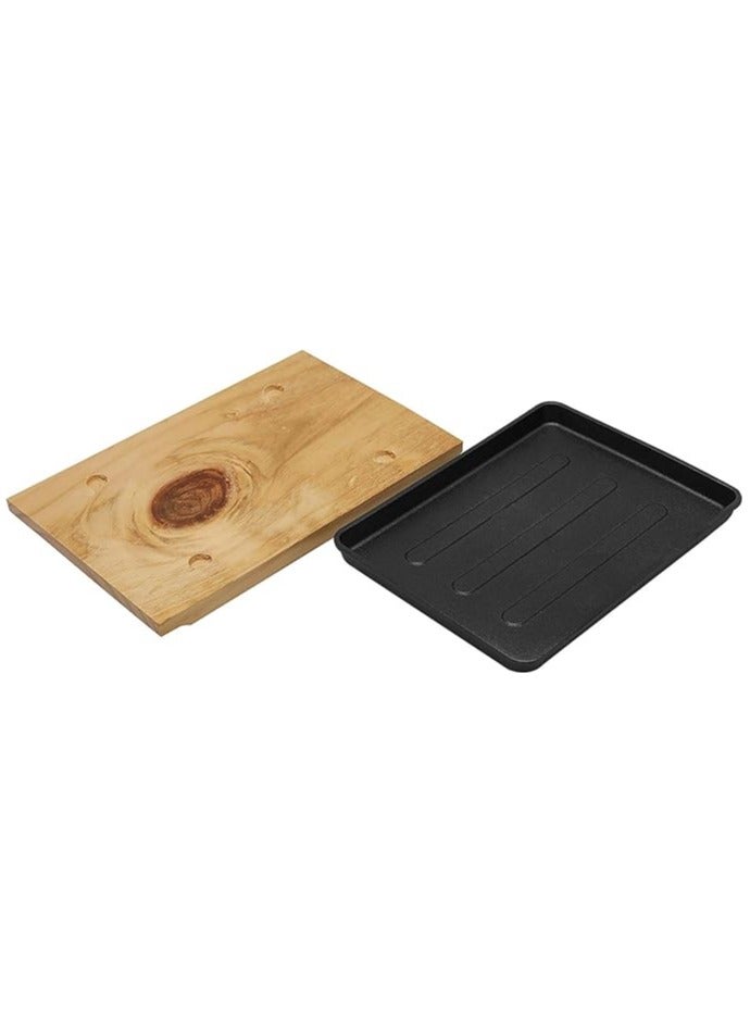 Rectangular Cast Iron Skillet 20cm*14cm with Wooden Base | Roasting, Cooking & Grilling Pan Cast Iron Oven Safe Black - Image 1