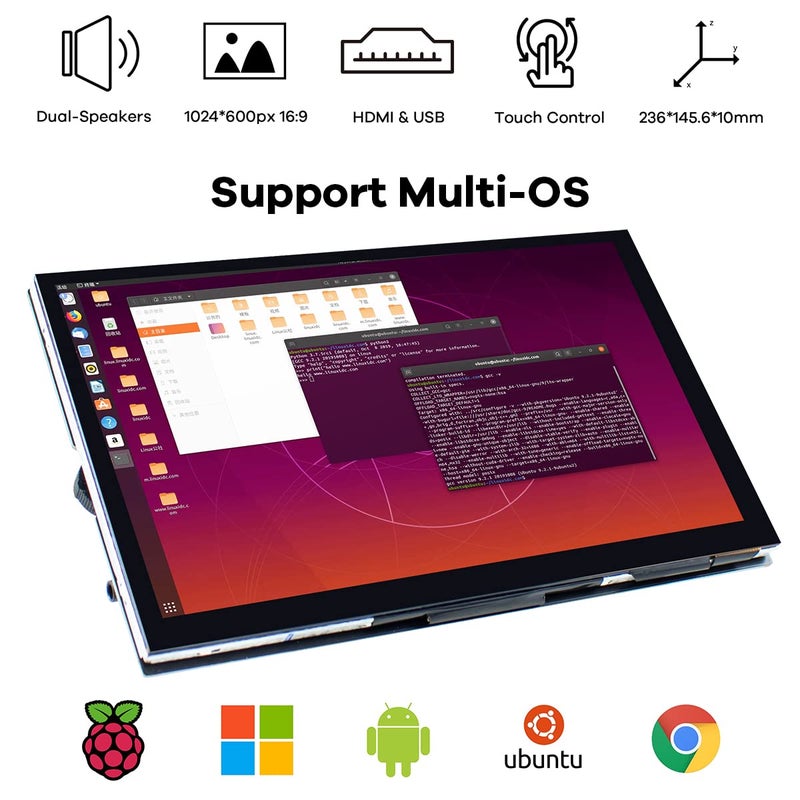 Hosyond Hosyond 10.1" IPS LCD Capacitive Touch Screen HDMI Display Portable Monitor 1024X600 Built-in Dual Speakers for Raspberry Pi 5/4/3 Xbox PS4 Windows 7/8/10  - Image 3