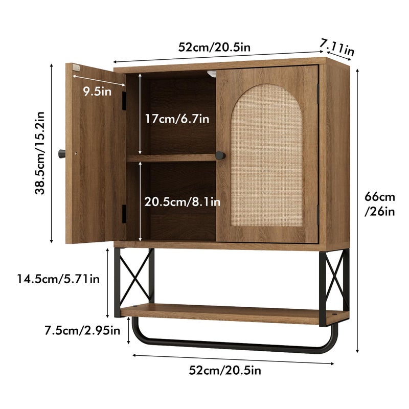 RUSTOWN Rattan Bathroom Wall Cabinet, Boho Over The Toilet Storage Cabinet with Arched Rattan Doors, Modern Medicine Cabinet with Adjustable Shelves & Towel Bar, Bathroom Organizer(Rustic Oak, Medium) - Image 3