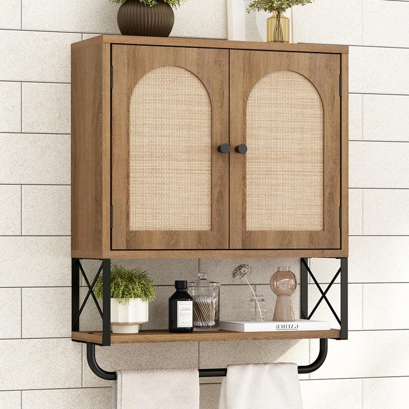 RUSTOWN Rattan Bathroom Wall Cabinet, Boho Over The Toilet Storage Cabinet with Arched Rattan Doors, Modern Medicine Cabinet with Adjustable Shelves & Towel Bar, Bathroom Organizer(Rustic Oak, Medium) - Image 1