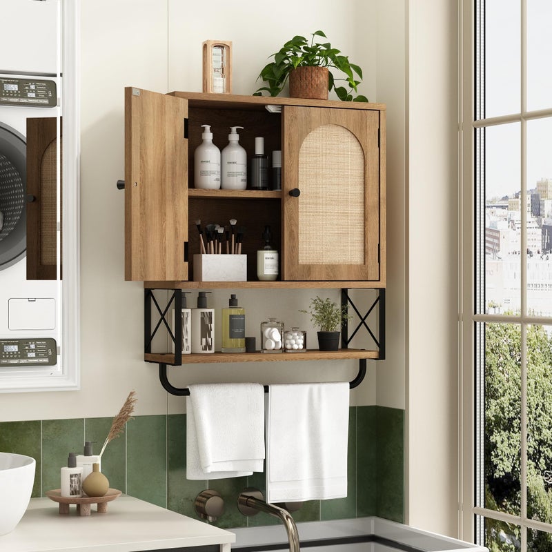 RUSTOWN Rattan Bathroom Wall Cabinet, Boho Over The Toilet Storage Cabinet with Arched Rattan Doors, Modern Medicine Cabinet with Adjustable Shelves & Towel Bar, Bathroom Organizer(Rustic Oak, Medium) - Image 2