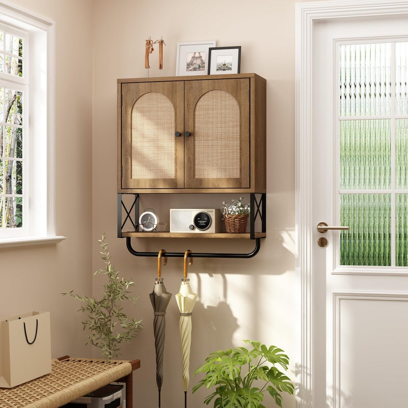 RUSTOWN Rattan Bathroom Wall Cabinet, Boho Over The Toilet Storage Cabinet with Arched Rattan Doors, Modern Medicine Cabinet with Adjustable Shelves & Towel Bar, Bathroom Organizer(Rustic Oak, Medium) - Image 5