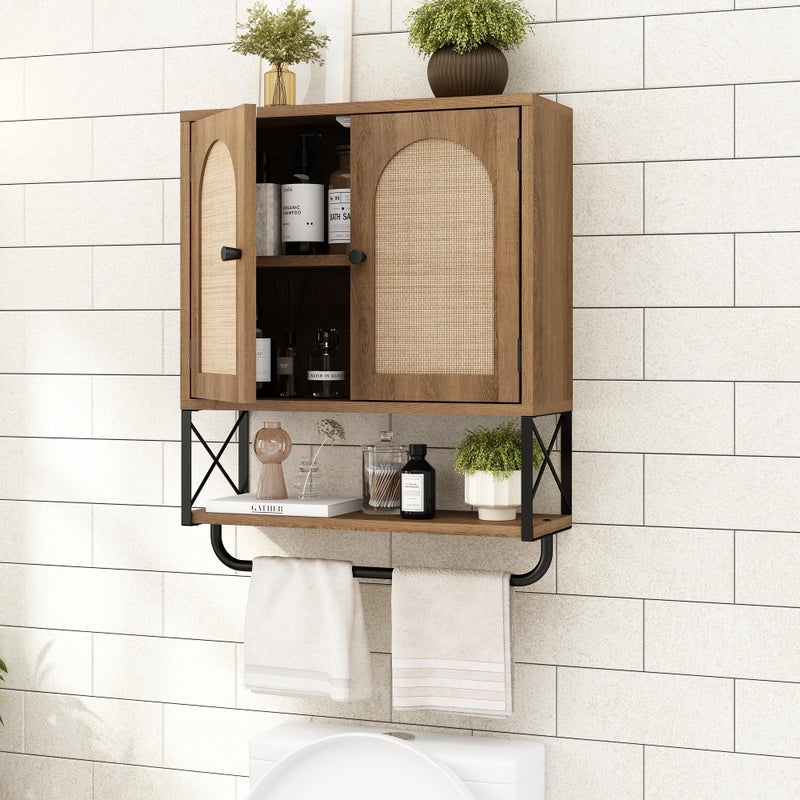RUSTOWN Rattan Bathroom Wall Cabinet, Boho Over The Toilet Storage Cabinet with Arched Rattan Doors, Modern Medicine Cabinet with Adjustable Shelves & Towel Bar, Bathroom Organizer(Rustic Oak, Medium) - Image 4