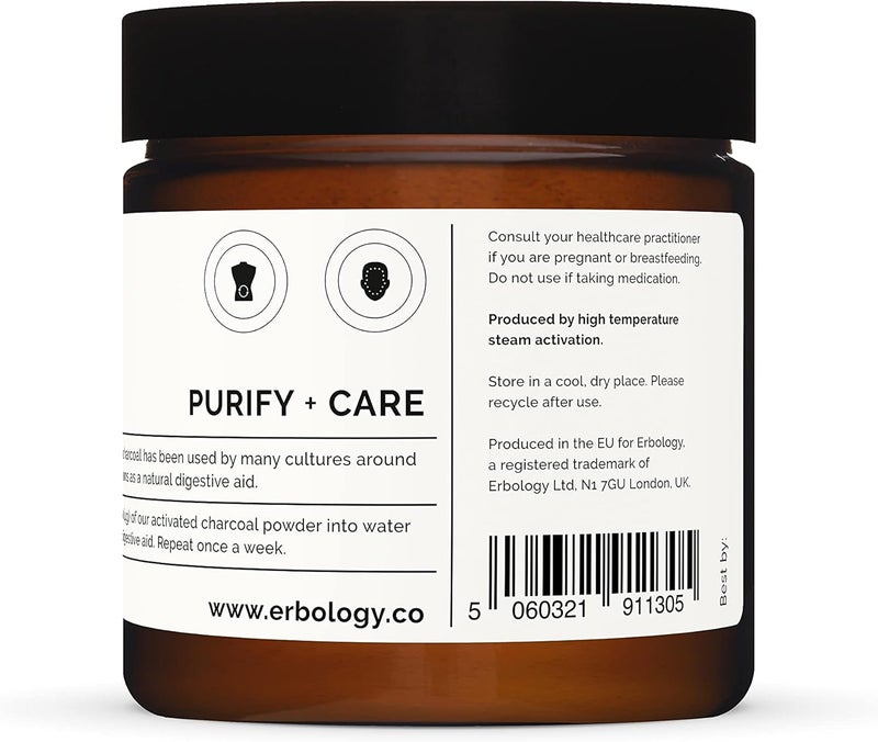 Erbology إربولوجي مسحوق الفحم النشط 50g لتبييض الأسنان، يضاف إلى أقنعة الوجه، معجون الأسنان، ولفافات الجسم للتقشير الطبيعي، مساعد هضمي طبيعي، نباتي، في وعاء زجاجي قابل لإعادة التدوير - Image 3