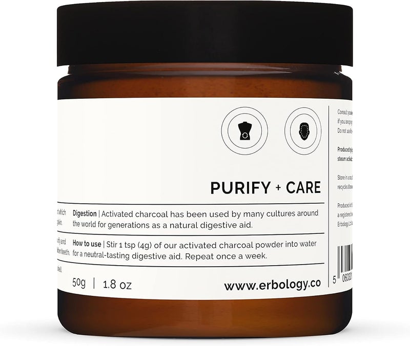 Erbology إربولوجي مسحوق الفحم النشط 50g لتبييض الأسنان، يضاف إلى أقنعة الوجه، معجون الأسنان، ولفافات الجسم للتقشير الطبيعي، مساعد هضمي طبيعي، نباتي، في وعاء زجاجي قابل لإعادة التدوير - Image 2