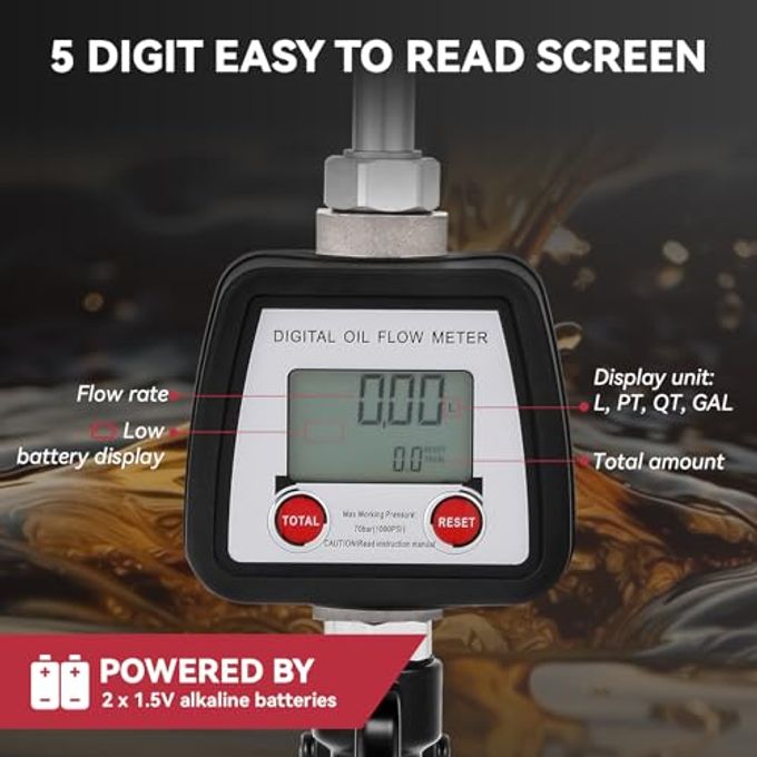 Poafamx Digital Oil Control Valve Meter Nozzle 8GPM/30LPM Heavy Duty Air Operated Oil Transfer Pump Nozzle 7-1000 Psi 0.5-70bar Oil Fluid Dispenser 1/2" inch NPT Inlet with Non Leakage Spout - Image 3