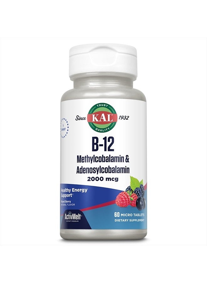 KAL Vitamin B12 Methylcobalamin and Adenosylcobalamin 2000 mcg ActivMelt, B12 Energy Supplements, Metabolism, Nerve, Red Blood Cell Support, High Absorption, Natural Berry, 60 Serv, 60 Micro Tablets - Image 1