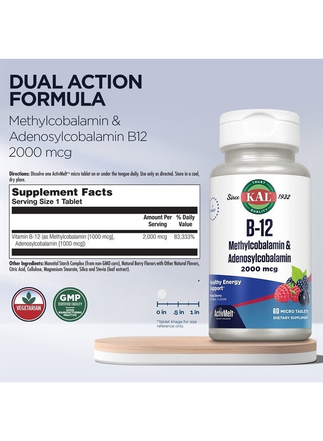 KAL Vitamin B12 Methylcobalamin and Adenosylcobalamin 2000 mcg ActivMelt, B12 Energy Supplements, Metabolism, Nerve, Red Blood Cell Support, High Absorption, Natural Berry, 60 Serv, 60 Micro Tablets - Image 3