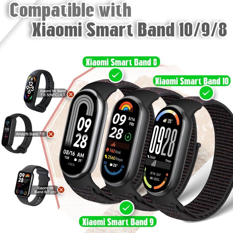 Bcuckood Nylon Sport Band Compatible with Xiaomi Smart Band 10/9/8 for Women Men, Soft Adjustable Breathable Sport Loop Watch Strap Replacement Wristband for Xiaomi Mi Band 10/9/8, 3pcs - Image 2