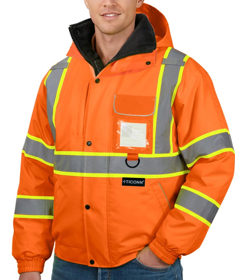 TICONN Waterproof Safety Bomber Jacket, Winter Rain Jacket Hi Vis Reflective, ANSI Class 3 Work Rain Coat (Orange, M) - Image 1