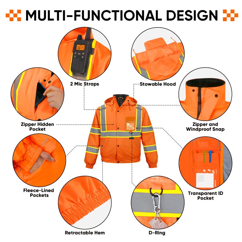 TICONN Waterproof Safety Bomber Jacket, Winter Rain Jacket Hi Vis Reflective, ANSI Class 3 Work Rain Coat (Orange, M) - Image 3