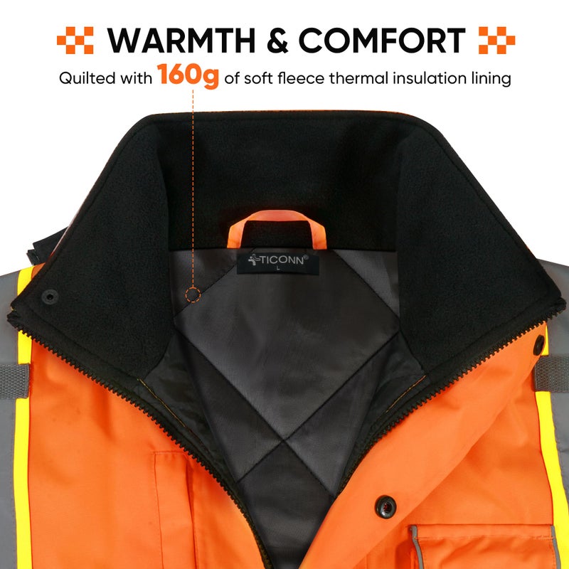 TICONN Waterproof Safety Bomber Jacket, Winter Rain Jacket Hi Vis Reflective, ANSI Class 3 Work Rain Coat (Orange, M) - Image 4