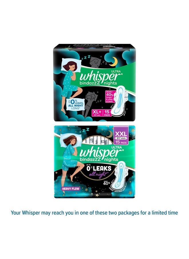 WHISPER BINDAZZZ NIGHTS SANITARY PADS, 15 XL+ PADS, UPTO 0% LEAKS ALL NIGHT LONG, FOR HEAVY FLOW, 40% LONGER & WIDER BACK, COMFORTABLE CUSHIONY SOFT WINGS, DISPOSABLE WRAPPER