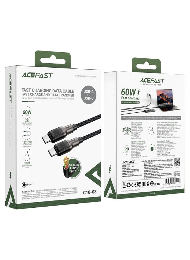 ACEFAST Charging Data Cable C10-03 USB-C to USB-C, PD60W Fast Charging, 1.2m Length, Durable Zinc Alloy Connectors, Nylon Braided and Silicone Sheath Design - Black - Image 5